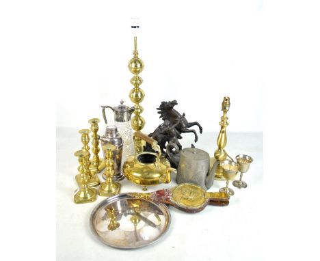 A group of metalware to include a brass knopped table lamp, height 61cm including fitment, an electroplated cocktail shaker b