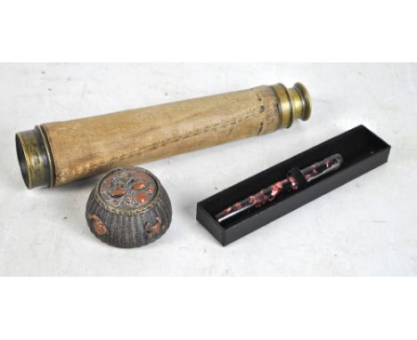 A brass three draw telescope inscribed 'Masters Rye', length 74cm, a Summit fountain pen with 14ct gold nib and an inkwell in