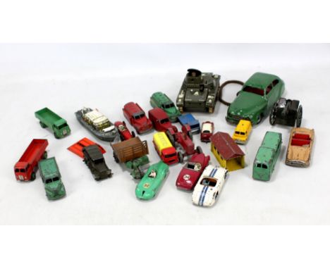A group of loose diecast vehicles, primarily Dinky with Matchbox Lesney, also tinplate Chad Valley Harborne car and Gama US A
