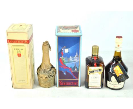 A mixed group of spirits comprising Louis Royer V.S. Cognac, 70cl 40%, two bottles of D.O.M. Benedictine liqueur and another 