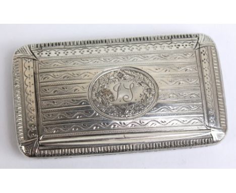 ROBERT THORNTON; a Victorian hallmarked silver rounded rectangular snuff box with overall engine turned and pin pricked decor