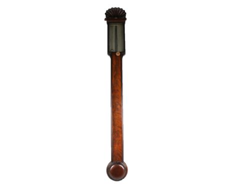 An early to mid-19th century mahogany stick barometer with silvered dial beneath scallop moulded pediment, height 105cm.