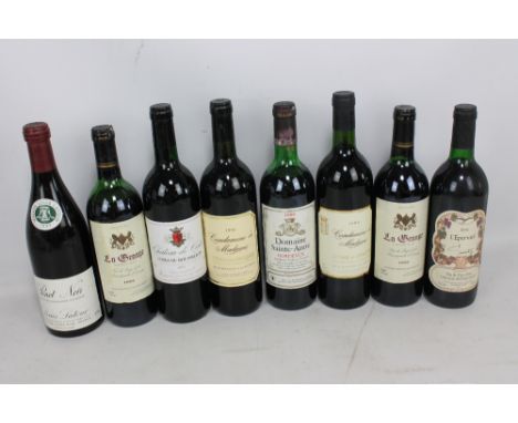 Eight bottles of 1980s and later vintage French red wine including Domaine Sainte-Ann 1988 Bordeaux, Louis Latour Pinot Noir 