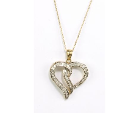 A 9ct yellow gold and diamond set interlocked heart shaped pendant suspended on a fine link chain.