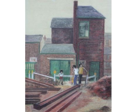 C MARIANNE UNWIN; pastel, sketch of a construction yard with three figures central, signed and dated 1975 lower left, 64 x 47