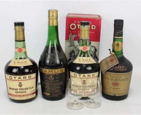 Four bottles of Cognac comprising two Otard V.S.O.P. Fine Champagne (one boxed with two glasses), Gaston De Lagrange Fine Cha