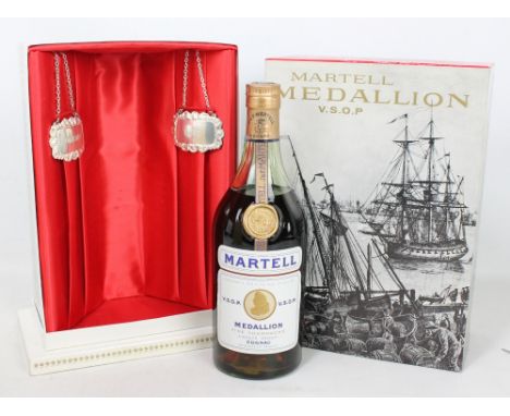 A single bottle of Martell Medallion V.S.O.P. Fine Champagne Cognac with two decanter labels for brandy and port in presentat