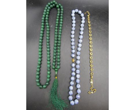 Green jade Mala beads, vintage knotted Chinese porcelain 'Shou' symbol beads (longevity) and a 'glass' necklace&nbsp;
