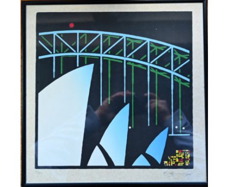 K Harding, Limited numbered silk print of Sydney Harbour Opera House and Bridge, 54/85