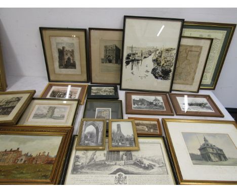 Kings Lynn watercolours/etchings, vintage photographs, Bury St Edmunds Abbey Gate etching, other local pictures/etchings etc