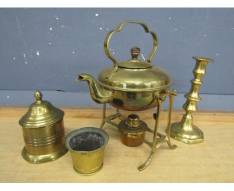 Brass spirit kettle, 2 heavy brass pots and candlestick