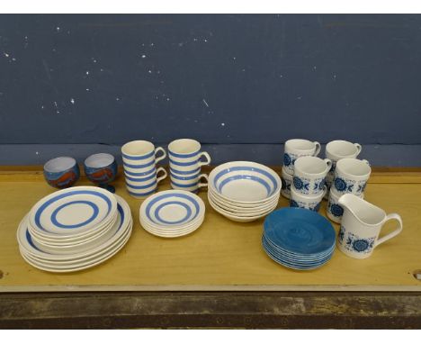 Pair of pottery goblets depicting lobsters, Cornishware mugs, bowls and plates and 8 Johnson Bros cups and saucers&nbsp;