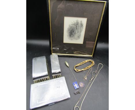 An 1800's etching, silver necklaces, brush and cig case set and 3 pin badges inc 1960s Butlins