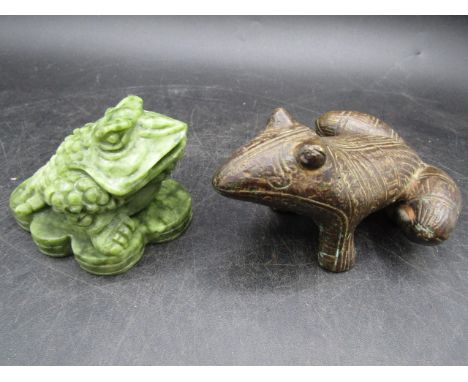 A Bronze Eastern style frog and a green jade type money frog (missing coin)