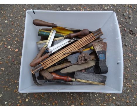 Tub of vintage tools to include saws and axe heads etc&nbsp;