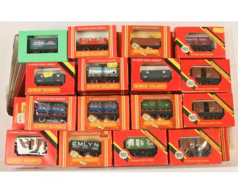 Hornby Railways 00 Gauge Goods wagons consisting of R242 Vent Van, R129 Redline Tanker, R240 GW open, R502 SR Banana Van, R11