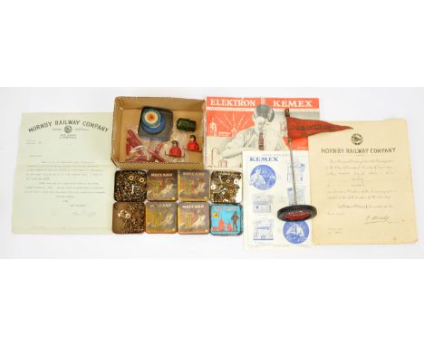 Meccano spare components &amp; leaflets. To include Pre War tinplate flag Red / Gold mounted to a wheel, 2x Aeroplane Constru