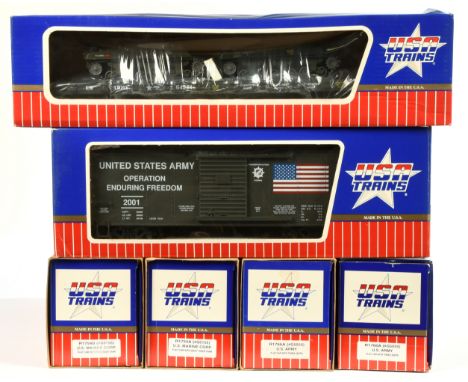 USA Trains G Gauge group of US Army Freight cars consisting of R19072 Operation Enduring Freedom Steel Box car, R1754B Marine