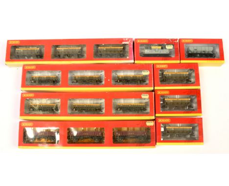 Hornby (China) Group of Goods wagons consisting of Departmental 3-pack wagons R6418 ZCV (Clam) Weathered, R6416 ZBA Rudd weat