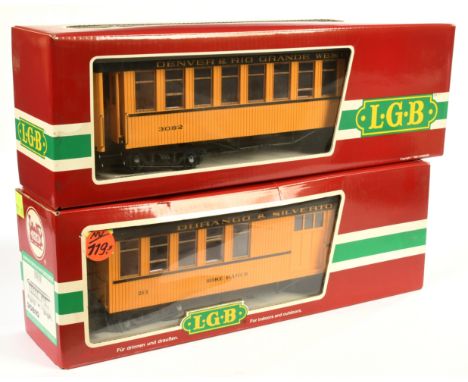 LGB G Gauge pair of old timer coaches consisting of Ref 35810 Durango and Silverton Home Ranch Passenger/ Baggage car and Den