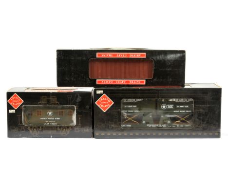 Aristocraft G Gauge group of American outline USA Army Freight cars consisting Art-42220 Caboose, ART-46520 Flat car with For