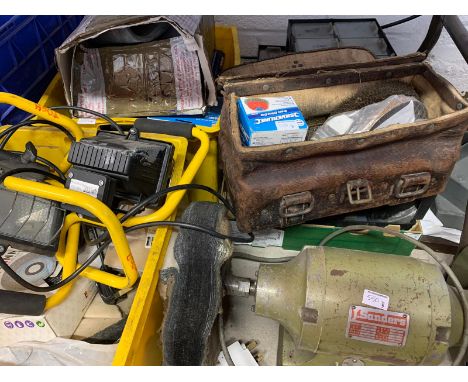 a quantity of workshop tools and equipment including a bench grinder.