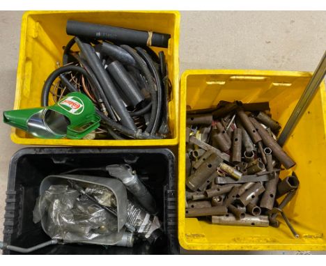 Three boxes of assorted workshop tools and equipment  including box spanners. 