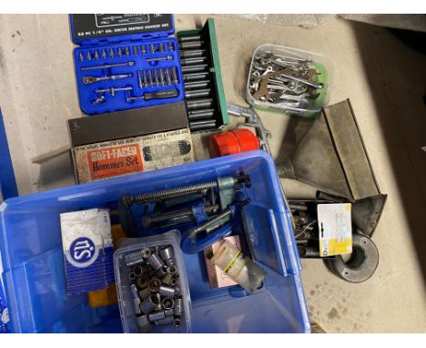 A large box of assorted workshop tools and equipment including deep reach sockets, spanners, G-clamps, funnel etc. 