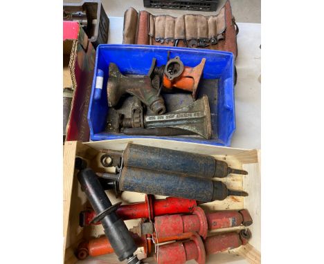 Three vintage screw jacks, two handles, vintage tool roll with tools, and four pairs of telescopic dampers etc. 