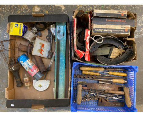 A quantity of military and woodworking tools, a quantity of new old stock brake shoes and a box of assorted parts etc. 