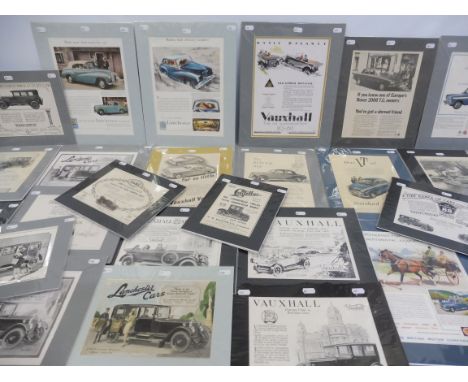 A large selection of period advertisements relating to various marques of car including pre-war Vauxhall, Lanchester and Cadi