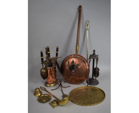 A Collection of Various Metalwares to comprise Copper Bed Warming Pan, Fire Guard, Copper and Brass Fire Companion, Two Brand
