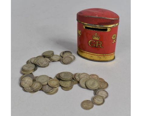A George VI Tin Money Box in the Form of  a Post Box Containing Various George V Silver Coinage 