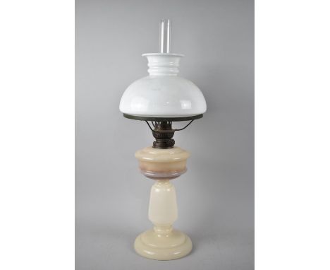 A Late Victorian/Edwardian Opaque Glass Oil Lamp with Shade and Chimney, 58cms Overall 