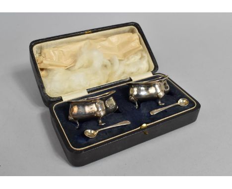 A Pair of Cased Silver Salts with Cobalt Blue Glass Liners, Together with Two Unrelated Salt Spoons, Birmingham Hallmarks 