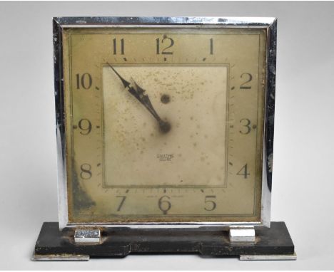 An Art Deco Smiths Setric Mantle Clock, of Square Form with Chrome Frame on Rectangular Plinth 