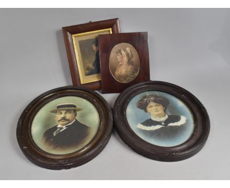 A Pair of Framed Coloured Photographs together with a Mahogany Cushion Framed Engraving of a Boy and a Portrait of a Maiden 