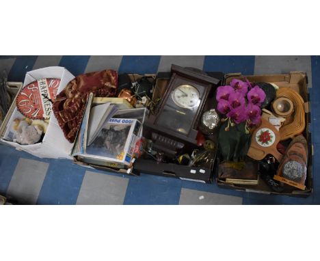 Four Boxes of Various Sundries to comprise 31 Day Wall Clock in Wooden Architectural Frame, Jigsaws, Teddybears, Textile Etc 