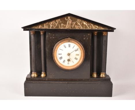 A French Black Slate Mantel Clock for Restoration, Architectural Form with Reeded Pilasters, Movement Detached and Missing Pe