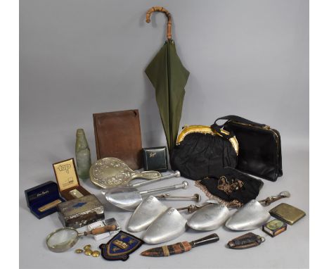 A Collection of Various Vintage Items to comprise Shoe Trees, Ladies Bag, Parasol, Silver Plated Mirror, Lighters, Glass Bott
