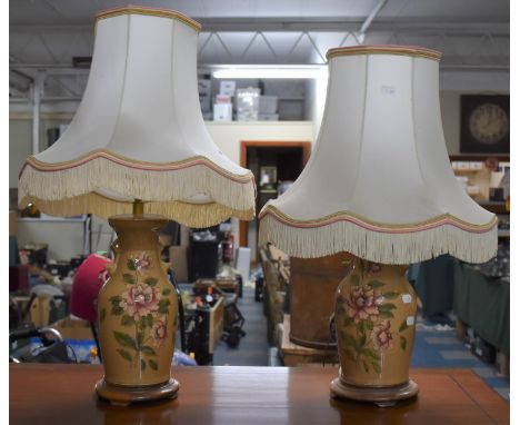 A Pair of Ceramic Table Lamps with Shades in the Form of Floral Decorated Oriental Vases, 41cm high 