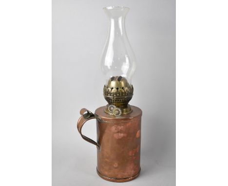 A Late 19th/Early 20th Century Copper Paraffin Lamp with Glass Chimney, Overall Height 39cms 