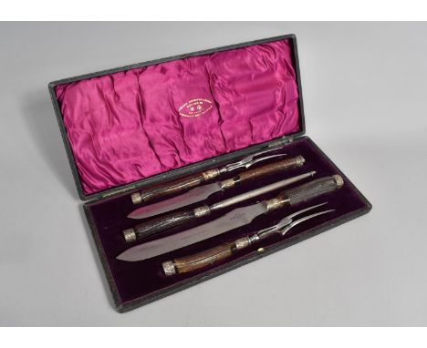 A Late Victorian/Edwardian Five Piece Carving Set by Joseph Rodgers Having Silver Collars to Antler Handles 