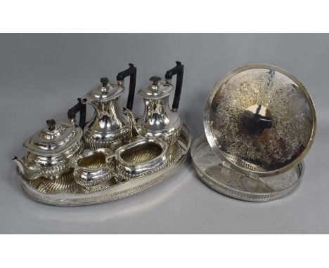 A Collection of Various Silver Plated Items to comprise Oval Galleried Tray, Five Piece Service and a Further Two Circular Si