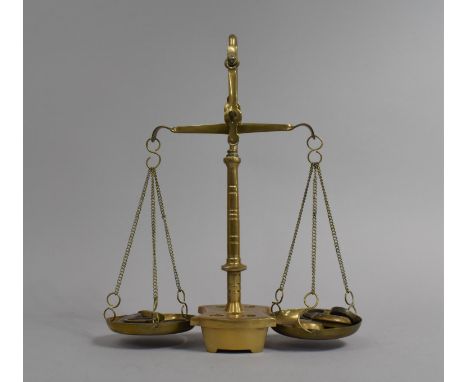 A Vintage Set of Brass Pan Scales with Weights, 25cms High 