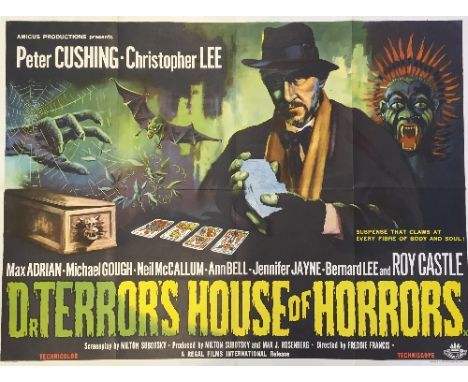 Dr. Terror's House of Horrors, 1965 film poster starring Peter Cushing, Christopher Lee and Donald Sutherland, folded, UK Qua