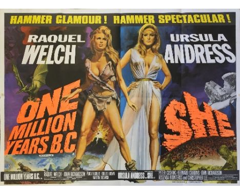 A double bill film poster: 'One Million Years B.C'. t/w 'She' starring Raquel Welch, Ursula Andress (1966 and 1965), folded, 