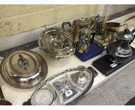 A shelf containing a large quantity of various silver plated items including a late 19th century three piece EPNS teaset, ent