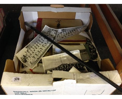 A box of Military and other ephemera together with a swagger stick.