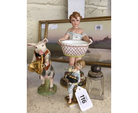 Two Continental Dresden style china figures modelled as Children together with a Beswick china model of a Pig and a glass sce